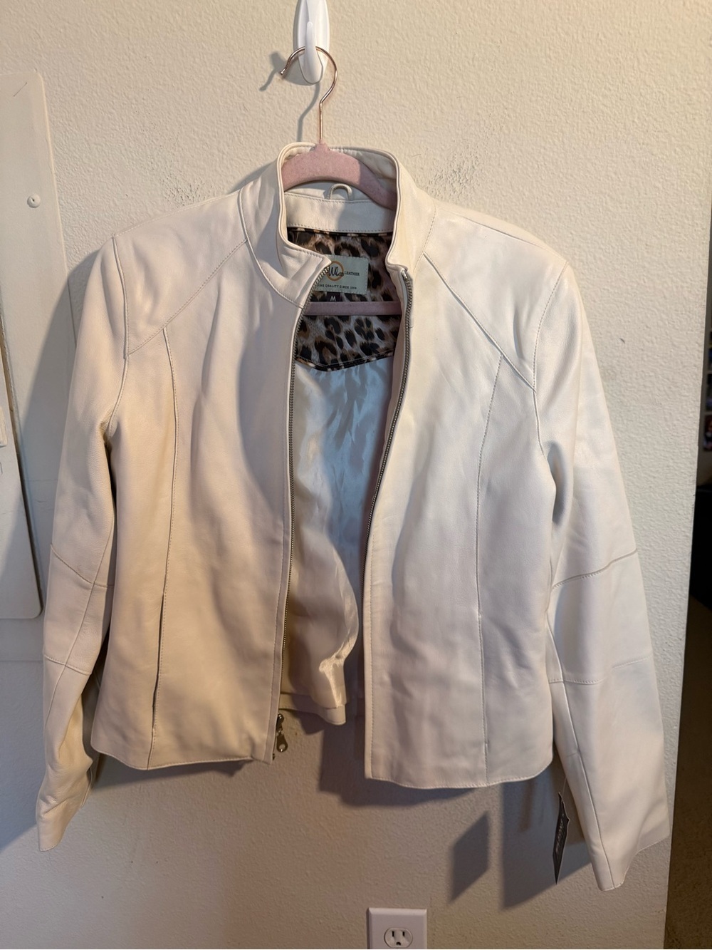Wilsons Leather White Genuine Leather Moto Jacket Leopard Lined M NWT